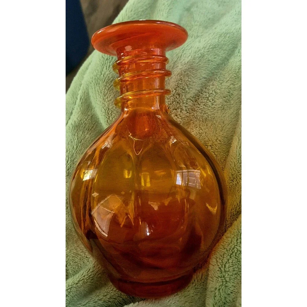 Vintage MCM Rainbow Art Glass Tangerine Amberina Optic Ribbed Vase Applied Coil